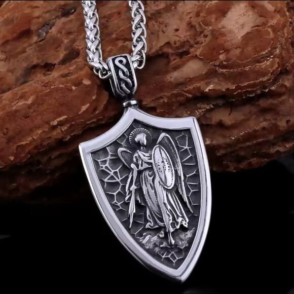 Personalized Silver Archangel Michael Necklace, Handmade St  Stainless St. Michael Pendant Necklace Archangel Vintage Christian Catholic Gift